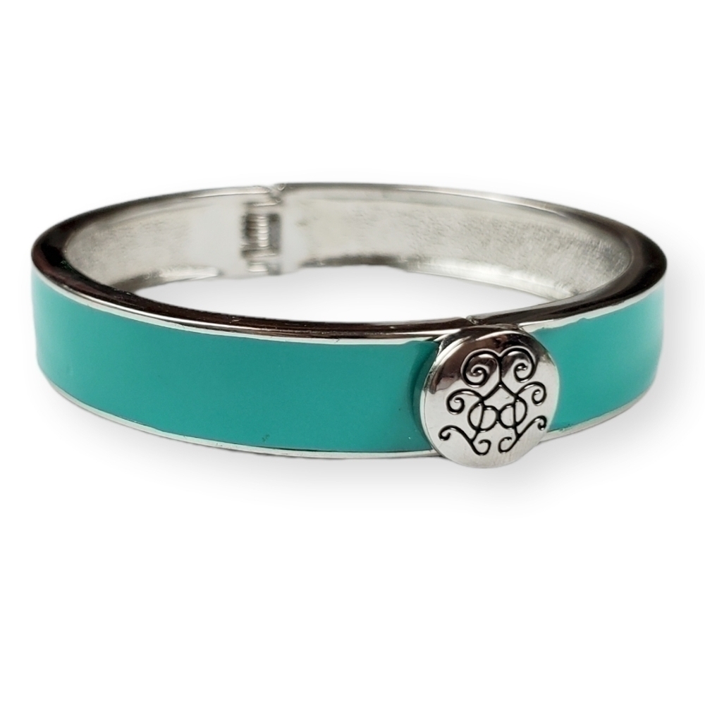 Turquoise Enamel Cuff Bracelet Clamper Shiny Silver Tone Scrolled Colorful 7"